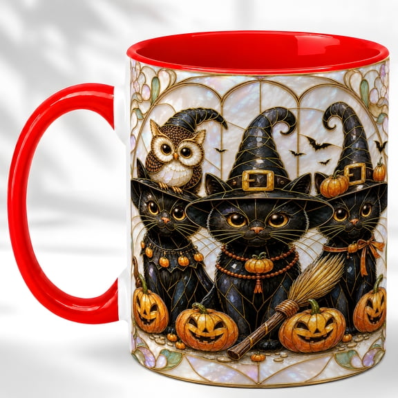 Black Halloween Cats Coffee Mug, Witch Cat Mug, Ceramic 11 oz