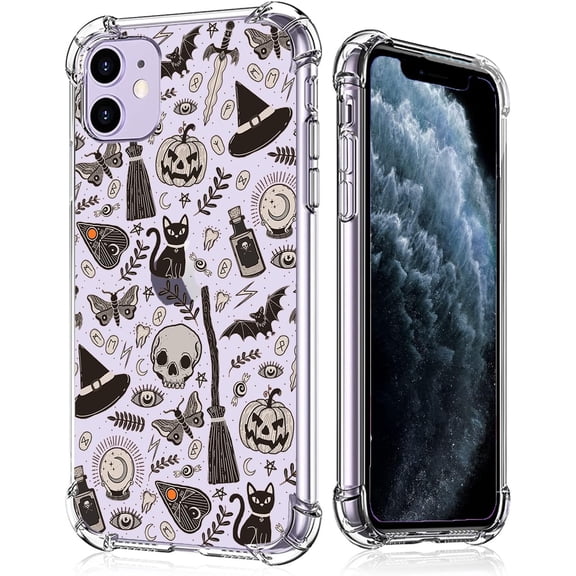 Black Halloween Clear Case for iPhone 11, Pumpkin Skull Bat Collage, Trendy Transparent Soft TPU Bumper Case for iPhone 11