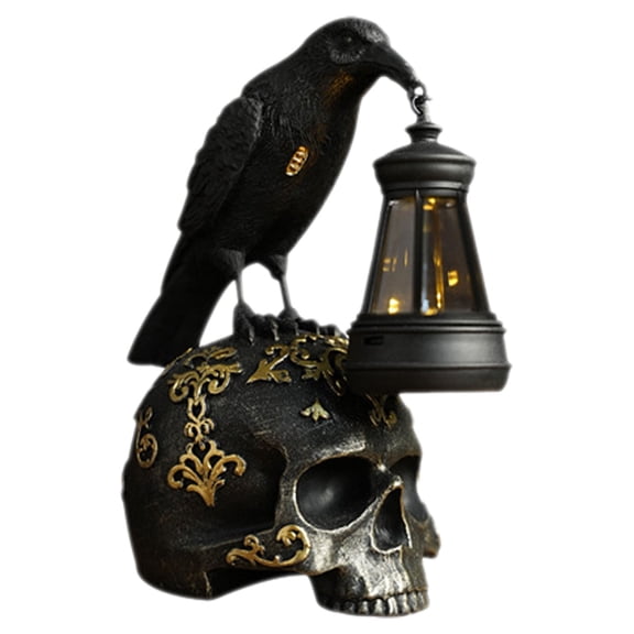 Black Halloween Crow Skull Lantern-Halloween Decorations-Halloween Decor Collectible Figurines Resin Sculpture Gothic Decor,Halloween Crow Ornament Retro Desktop Skeleton Prop Resin Ornament