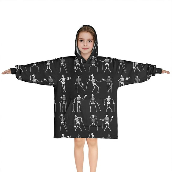 Black Halloween Dancing Skeleton Pattern Blanket Hoodies for Kids 6-13YR Oversize Wearable Blanket Hoodies for Boys Girls Teens