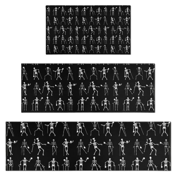 Black Halloween Dancing Skeleton Pattern Kitchen Rugs Sets Of 3,Kitchen Runner Rugs Non Skid Washable,Decorative Kitchen Floor Mats for Kitchen,Sink,Laundry,17"x30"+ 17"x47" + 17"x59"