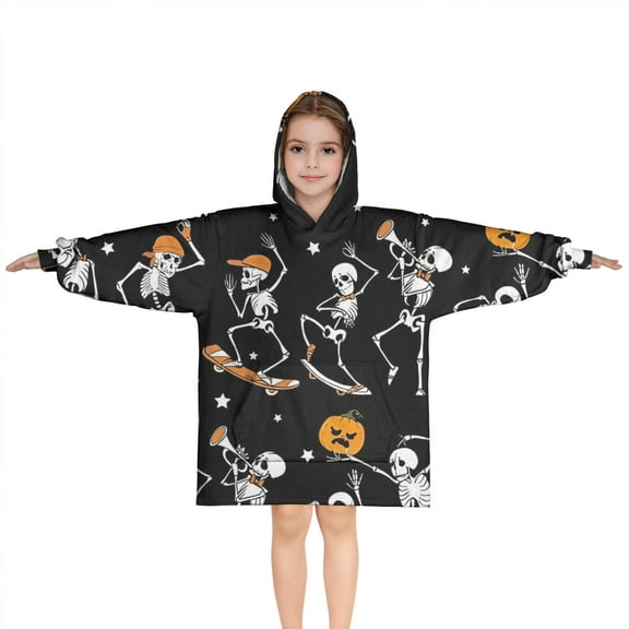 Black Halloween Dancing Skeletons Blanket Hoodies for Kids 6-13YR Oversize Wearable Blanket Hoodies for Boys Girls Teens