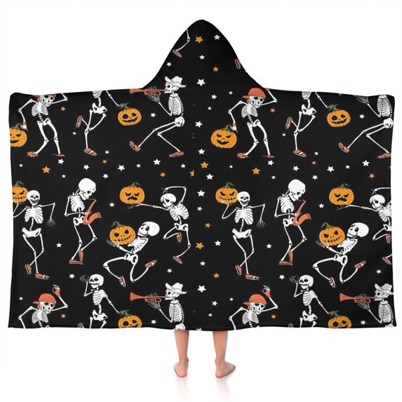 Black Halloween Dancing Skeletons Hooded Bath Towel,50"x30" for Ages 3 To 12 Kids, Quick Dry Lightweight Soft Microfiber Hood Beach Towel Cover Up for Kids