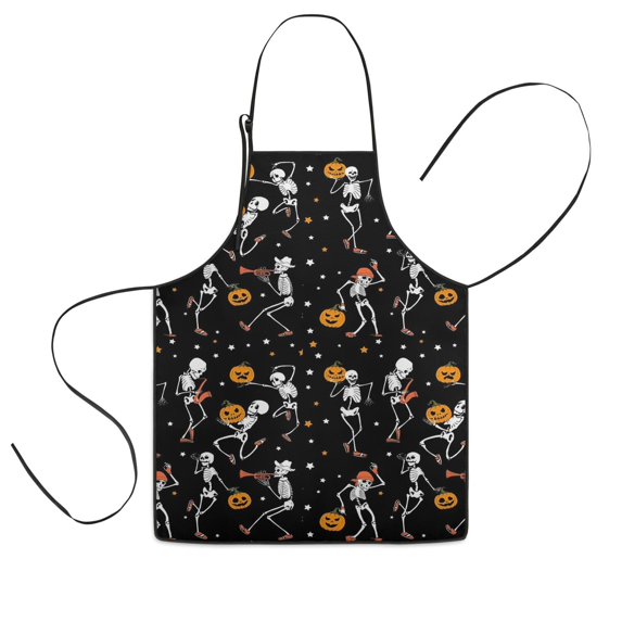Black Halloween Dancing Skeletons Kids Aprons for Girls and Boys,Adjustable Neck Strap Toddler Aprons for Kids Cooking Baking,23.6"x19"