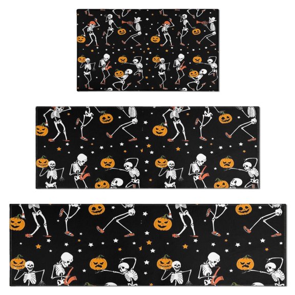 Black Halloween Dancing Skeletons Kitchen Rugs Sets Of 3,Kitchen Runner Rugs Non Skid Washable,Decorative Kitchen Floor Mats for Kitchen,Sink,Laundry,17"x30"+ 17"x47" + 17"x59"