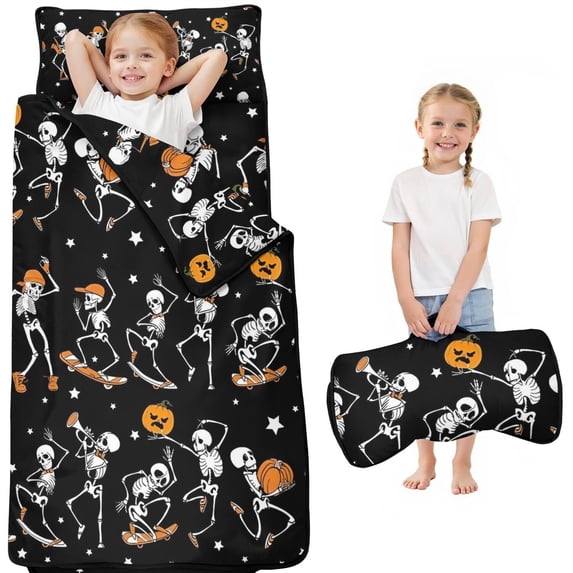 Black Halloween Dancing Skeletons Toddler Nap Mats for Kids Preschool,50"x20" Sleeping Mat Bag or Kids,Toddler Sleeping Bag,Toddler Nap Mat or Daycare