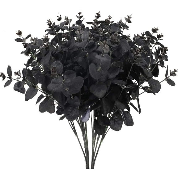 Black Halloween Decor Artificial Flowers Artificial Eucalyptus Branches Stems Silver Dollar Eucalyptus Leaves Plant for Gothic Home Decor Wedding Table Centerpiece Party Decor 2 pcs