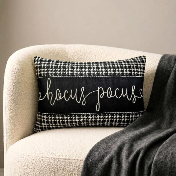 Black Halloween Decor Lumbar Pillow Cover, 12" x 16" Black & White Cotton Pillowcase, Modern Word Or Letter Spooky Oblong Cushion Cover For Sofa Couch, Hotels, Living Room, Bed Room - Hocus Pocu