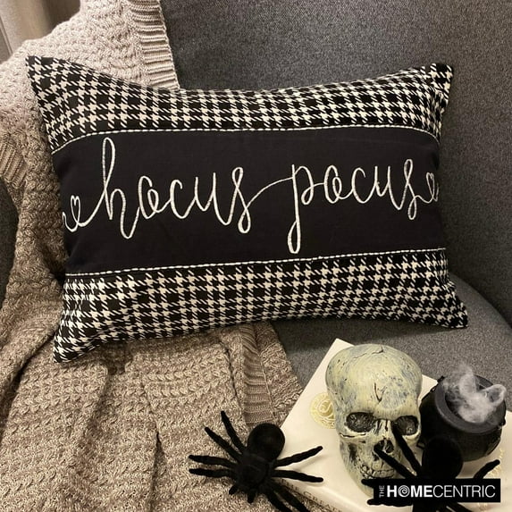 Black Halloween Decor Lumbar Pillow Cover, 12" x 18" Black & White Cotton Pillowcase, Modern Word Or Letter Spooky Oblong Pillow Cover For Sofa Couch, Hotels, Living Room, Bed Room - Hocus Pocu