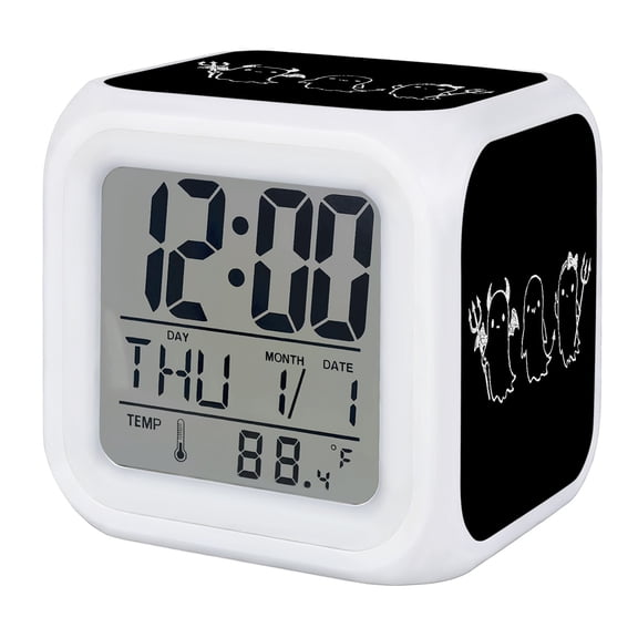 Black Halloween Digital Alarm Clock for Bedrooms, Smart LED Alarm Clock with 7 Color Changing Night Light, Funny Ghost Cute Cartoon Spooky Silent Wake Up Clocks for Sleep Study Cooking 3.2"x3.2"