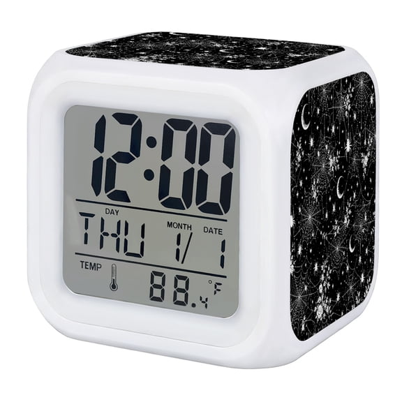 Black Halloween Digital Alarm Clock for Bedrooms, Smart LED Alarm Clock with 7 Color Changing Night Light, Moon Stars Spiders Webs Silent Wake Up Clocks for Sleep Study Cooking 3.2"x3.2"