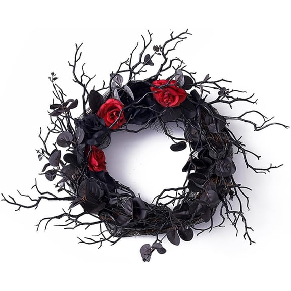 Black Halloween Door Wreath with Red Rose, Elegant Gothic Farmhouse Wall Wreath for Gothic Home Halloween Decoration
