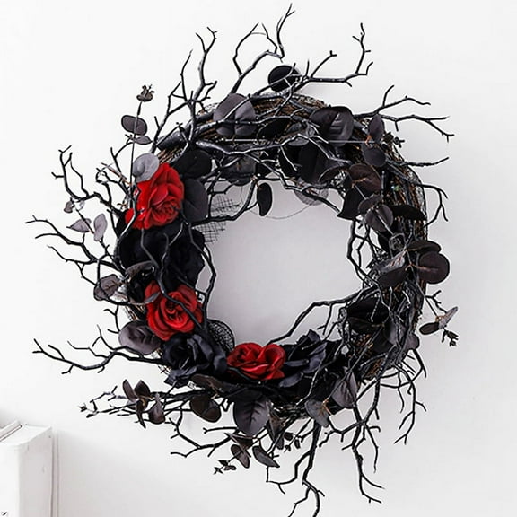 Black Halloween Door-Wreath with Red Rose Wreath for Front Door Black Wreath for Gothic Halloween Home Decor