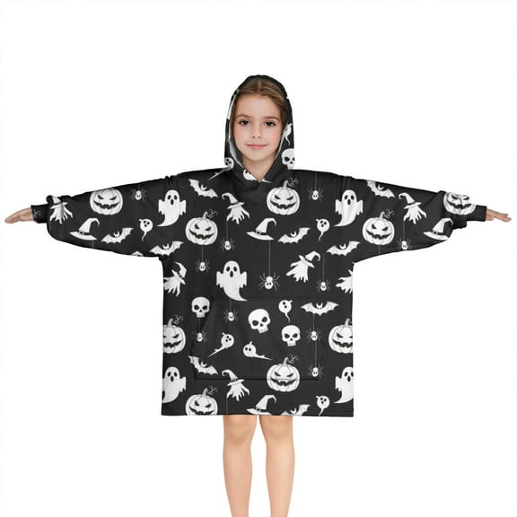 Black Halloween Ghost Pumpkin Pattern Blanket Hoodies for Kids 6-13YR Oversize Wearable Blanket Hoodies for Boys Girls Teens
