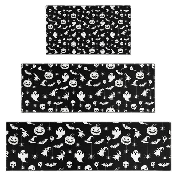 Black Halloween Ghost Pumpkin Pattern Kitchen Rugs Sets Of 3,Kitchen Runner Rugs Non Skid Washable,Decorative Kitchen Floor Mats for Kitchen,Sink,Laundry,17"x30"+ 17"x47" + 17"x59"