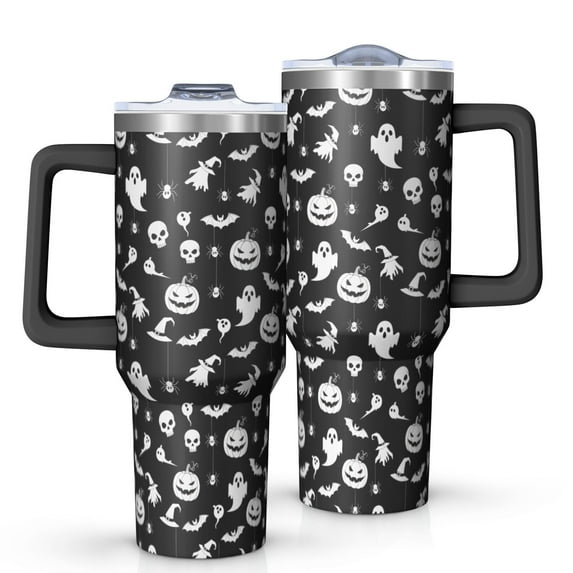 Black Halloween Ghost Pumpkin Pattern Tumbler with Handle and Lid,40oz Double Wall Vacuum Insulated Tumbler,Cups Gift for Women and Men