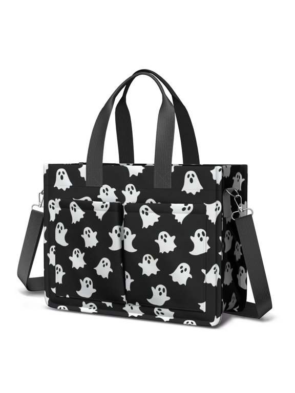 Black Halloween Ghost Silhouettes Canvas Messenger Tote Bag, Laptop Shoulder Bag with Multi Pockets & Removable Strap, Durable Canvas Gifts for Work Travel Shopping