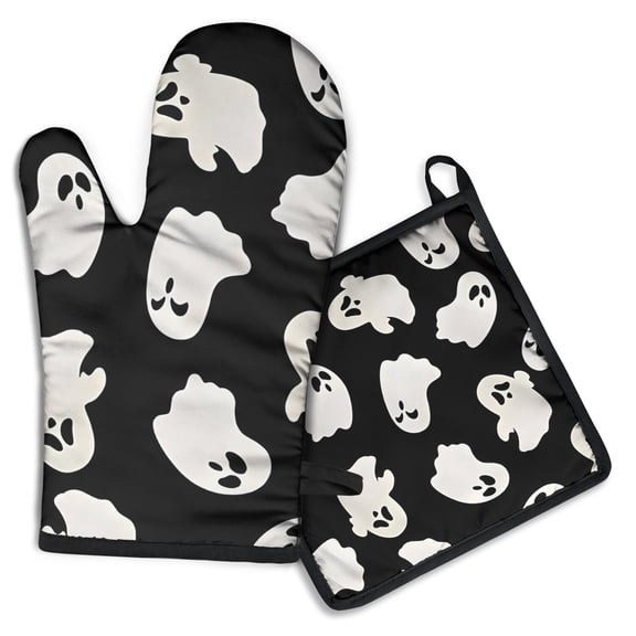 Black Halloween Ghost Silhouettes Kitchen Oven Mitt and Pot Holder Sets 2 Pcs for Baking, Cooking and Grilling, Heat Resistant Up To 392 °F