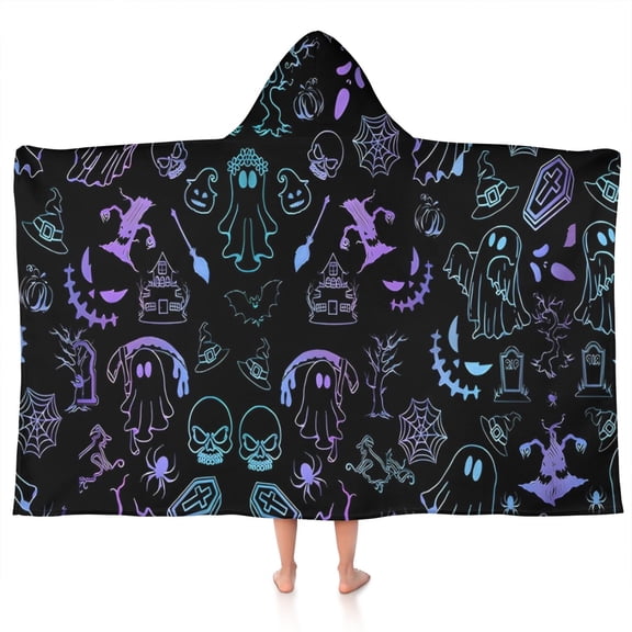 Black Halloween Ghost Spider Pattern Hooded Bath Towel，50"x30" for Ages 3 To 12 Kids, Quick Dry Lightweight Soft Microfiber Hood Beach Towel Cover Up for Kids