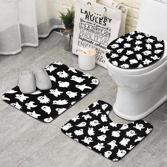 Black Halloween Ghosts Bathroom Rugs Sets 3 Piece,Toilet Cover Set,Absorbent Non Slip Bathroom Mats Sets with U-Shaped Contour Rug Toilet Rug Set