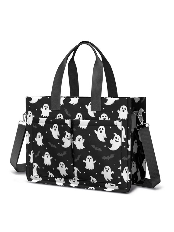 Black Halloween Ghosts Bats and Stars Canvas Messenger Tote Bag, Work Tote with Multi Pockets & Removable Strap, Magnetic Closure Gifts for Women Men Teacher Nurse