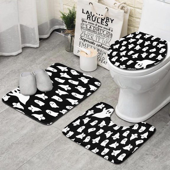 Black Halloween Ghosts with Boo Bathroom Rugs Sets 3 Piece,Toilet Cover Set,Absorbent Non Slip Bathroom Mats Sets with U-Shaped Contour Rug Toilet Rug Set