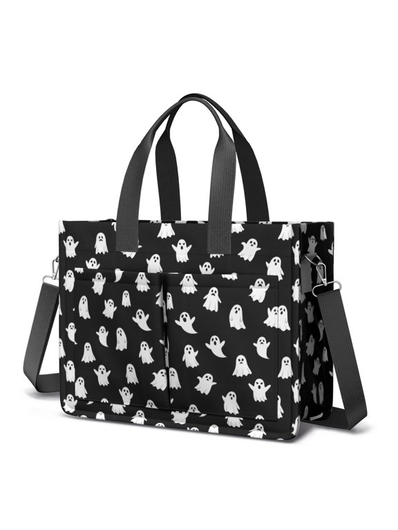 Black Halloween Ghosts Canvas Messenger Tote Bag, Work Tote with Multi Pockets & Removable Strap, Large Capacity Gifts for Birthday Christmas Thanksgiving