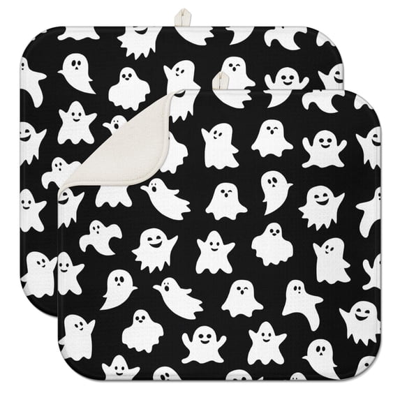 Black Halloween Ghosts Dish Drying Mat for Kitchen 1 Pack, Ultra Absorbent Microfiber Dishes Drainer Mats,16x18in(41x46cm)