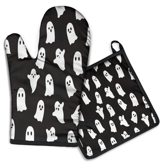 Black Halloween Ghosts Kitchen Oven Mitt and Pot Holder Sets 2 Pcs for Baking, Cooking and Grilling, Heat Resistant Up To 392 °F