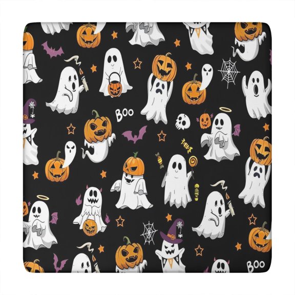 Black Halloween Ghosts and Pumpkins Square Fitted Tablecloth with Elastic Edge,Square Table Cover,Washable Elastic Table Cover for Home Kitchen Party Decor 34"x34"
