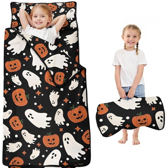 Black Halloween Ghosts and Pumpkins Toddler Nap Mats for Kids Preschool,50"x20" Sleeping Mat Bag or Kids,Toddler Sleeping Bag,Toddler Nap Mat or Daycare