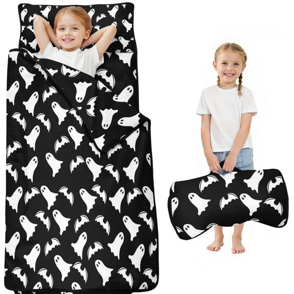 Black Halloween Ghosts and Bats Toddler Nap Mats for Kids Preschool,51"x22" Sleeping Mat Bag or Kids,Toddler Sleeping Bag,Toddler Nap Mat or Daycare