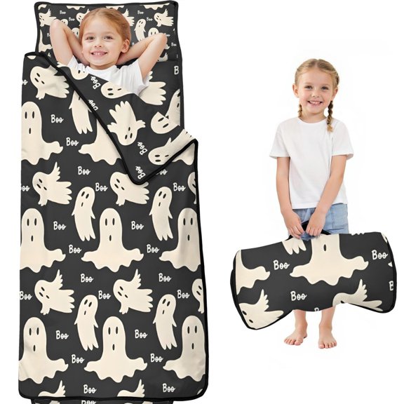 Black Halloween Ghosts with Boo Toddler Nap Mats for Kids Preschool,59"x22" Sleeping Mat Bag or Kids,Toddler Sleeping Bag,Toddler Nap Mat or Daycare