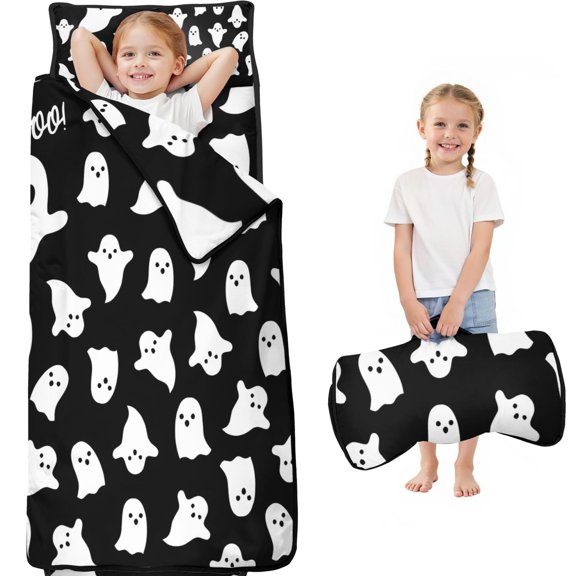 Black Halloween Ghosts with Boo Toddler Nap Mats for Kids Preschool,60"x20" Sleeping Mat Bag or Kids,Toddler Sleeping Bag,Toddler Nap Mat or Daycare