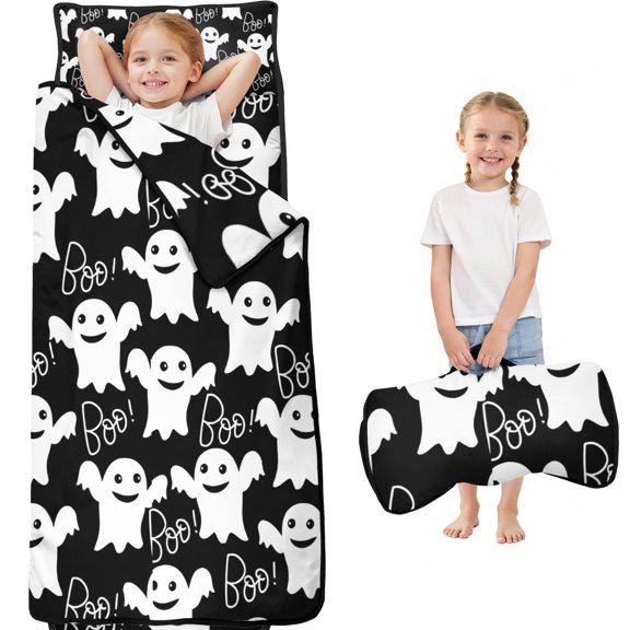 Black Halloween Ghosts with Boo Toddler Nap Mats for Kids Preschool,60"x20" Sleeping Mat Bag or Kids,Toddler Sleeping Bag,Toddler Nap Mat or Daycare
