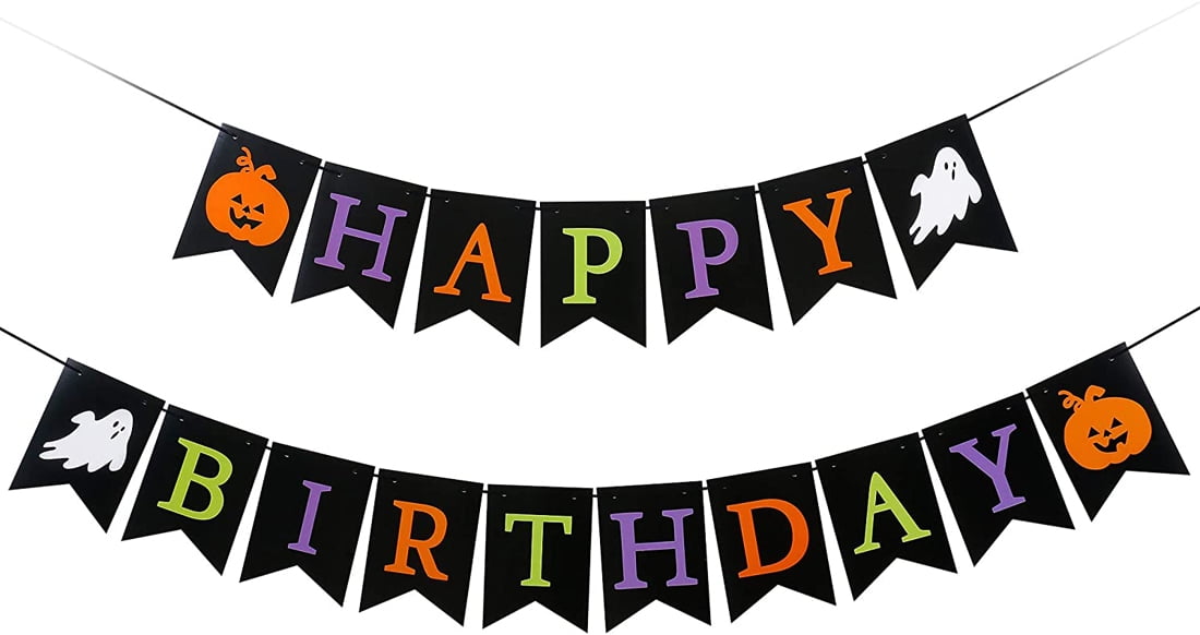 Black Halloween Happy Birthday Banner - Halloween Decorations, 1st Birthday Halloween Fireplace Mantle Home Decor