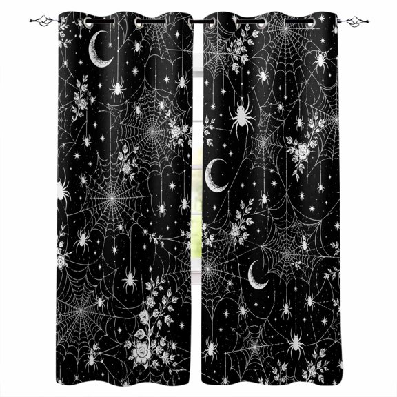 Black Halloween Kitchen Curtains Moon Stars Spiders Webs Cafe Short Curtains for Bathroom Blackout Window Curtain Grommet Small Window Treatment Tier Drapes for Bedroom Living Room 27.5"x39"x2