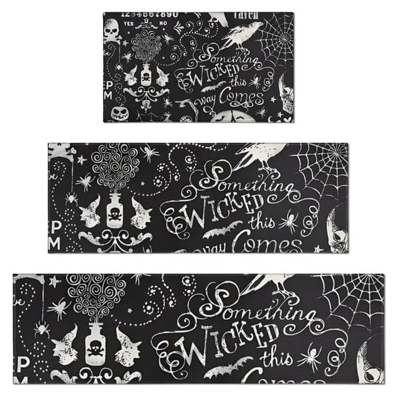 Black Halloween Letter Bat Pattern Kitchen Rugs Sets Of 3,Kitchen Runner Rugs Non Skid Washable,Decorative Kitchen Floor Mats for Kitchen,Sink,Laundry,17"x30"+ 17"x47" + 17"x59"