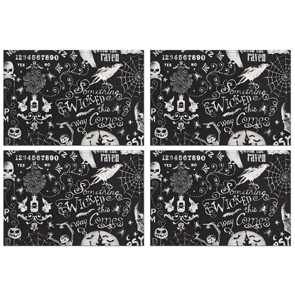 Black Halloween Letter Bat Pattern Summer Placemats Table Placemats Set Of 4-Linen Kitchen Washable Placemats Table Mats 11.8"x17.7" Non-Slip Heat Resistant