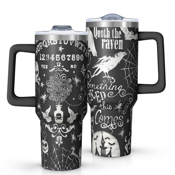 Black Halloween Letter Bat Pattern Tumbler with Handle and Lid,40oz Double Wall Vacuum Insulated Tumbler,Cups Gift for Women and Men