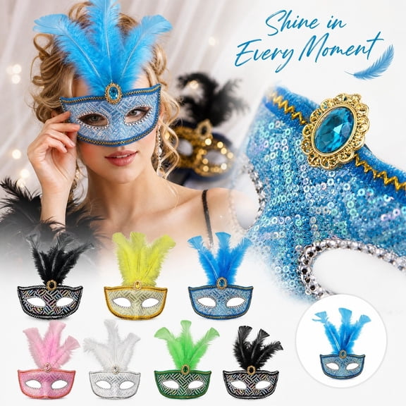 Black Halloween Masquerade Half Mask with Black Ostrich Feathers and Sequins, Elegant Eye Mask for Masquerade Party and Dress Up for Women and Men, Perfect for Halloween Party and