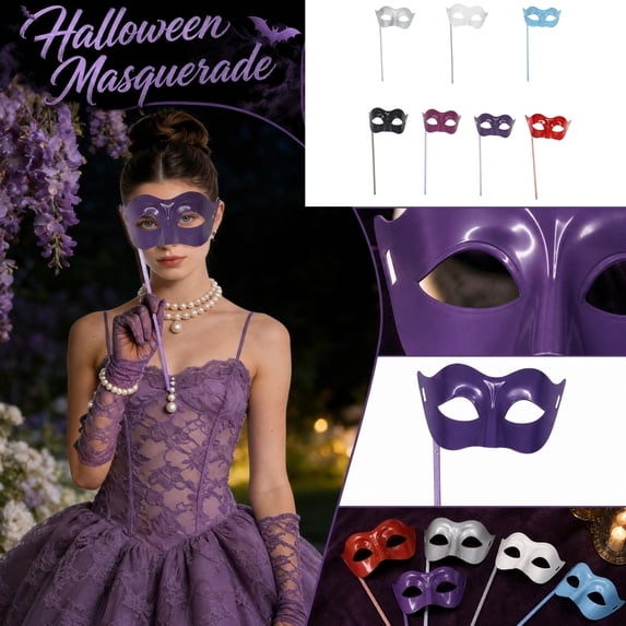 Black Halloween Masquerade Mask with Stick Half Mask For, Mask for Masquerade Party Black Eye Mask 7 Inch Wide Hard Plastic, Halloween Mask for Dress Up Black Mask with Long