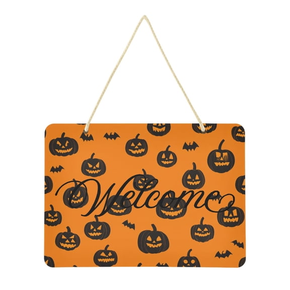 Black Halloween Pumpkin Face Welcome Sign Front Door PVC 14x10 inch Hanger Hello Sign Farmhouse Wall Porch Home Outside Decor