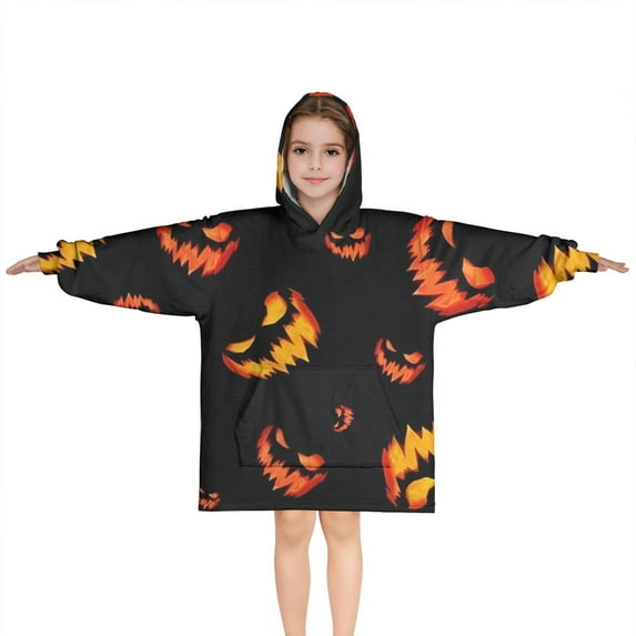 Black Halloween Pumpkin Faces Blanket Hoodies for Kids 6-13YR Oversize Wearable Blanket Hoodies for Boys Girls Teens