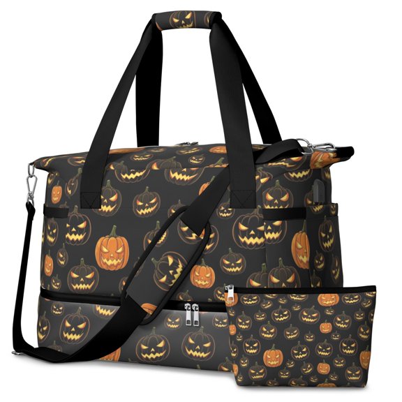 Black Halloween Pumpkin Faces Gym Duffel Bag 2 Piece Set, Carry on Luggage with Shoe Compartment & Toiletry Bag, USB Charging Port Gifts for Women Men,18.5 X 8.7 X 14.2 Inches