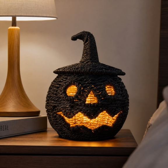 Black Halloween Pumpkin Jack-O'-Lantern with Detachable Witch Hat Lid, 10.24 inch Woven Pumpkin Basket Candle Holder Container for Treats, Fall Home Organization Holiday Decoration (not included)