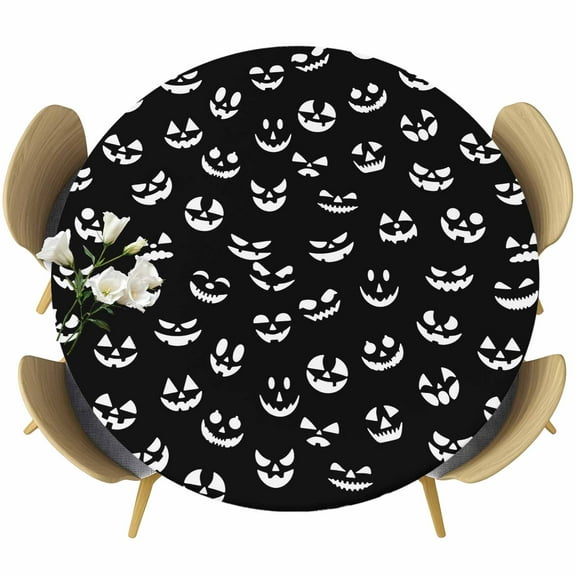 Black Halloween Pumpkin Round Tablecloth 36-44 Inch Round Fitted Table Cloth with Elastic Edge, Ghost Face Horror Waterproof Table Cover Protector for Outdoor Picnic Party Dining