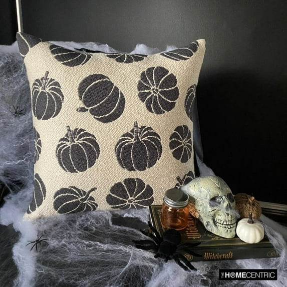 Black Jacquard Decorative Throw Pillow Cover 20"x20" (50x50 cm) Jacquard Halloween Decor, Pumpkins, Woven Fabric Pillow Case, Pumpkins Modern Style - Noir Pumpkin