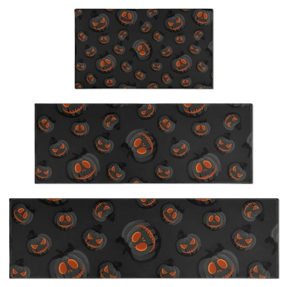Black Halloween Pumpkins Kitchen Rugs Sets Of 3,Kitchen Runner Rugs Non Skid Washable,Decorative Kitchen Floor Mats for Kitchen,Sink,Laundry,17"x30"+ 17"x47" + 17"x59"