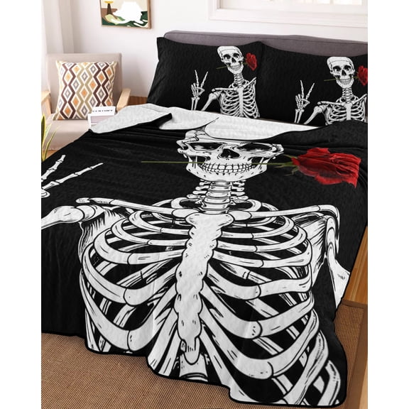 Black Halloween Queen Size Down Alternative Comforter, Lightweight Comforter Quilt Bedding Set with Pillow Shams Scary White Skull Skeleton Red Rose All Seasons Bed Comforter Duvet Insert 90"x96"